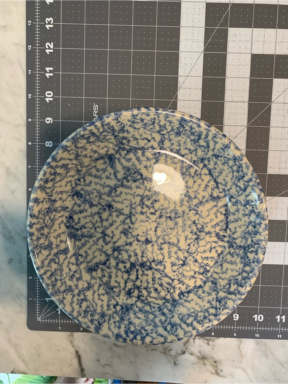 Roseville Spongeware Pie Dish — Blue & Cream — Friendship Pottery (FP) — 9.5"